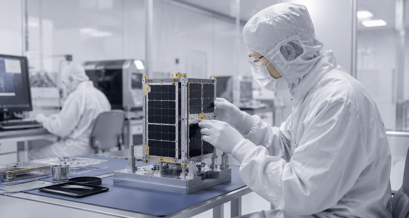 Technicians integrating a satellite in the Azeonics cleanroom